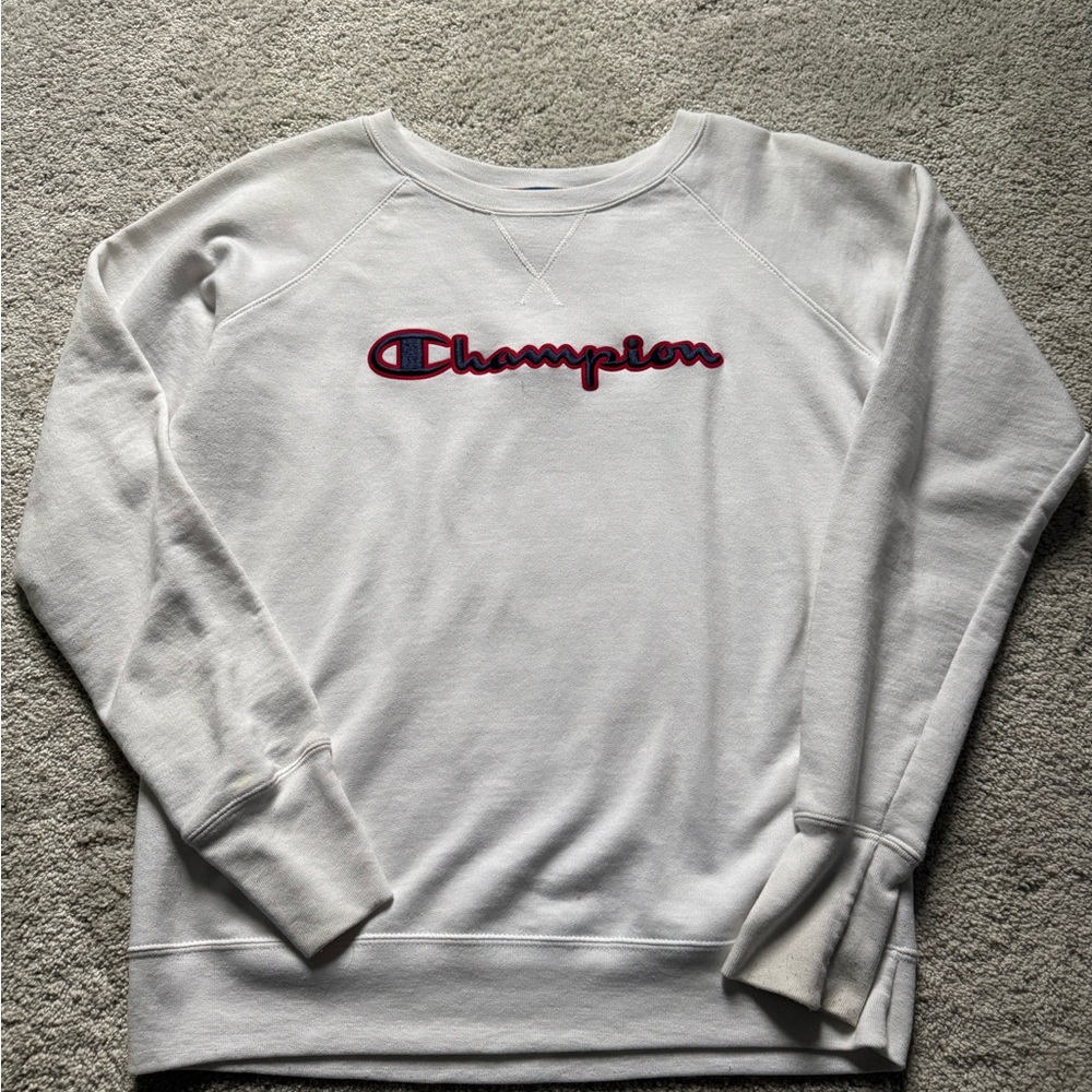 Champion Women's Cream Sweater with Red Logo
